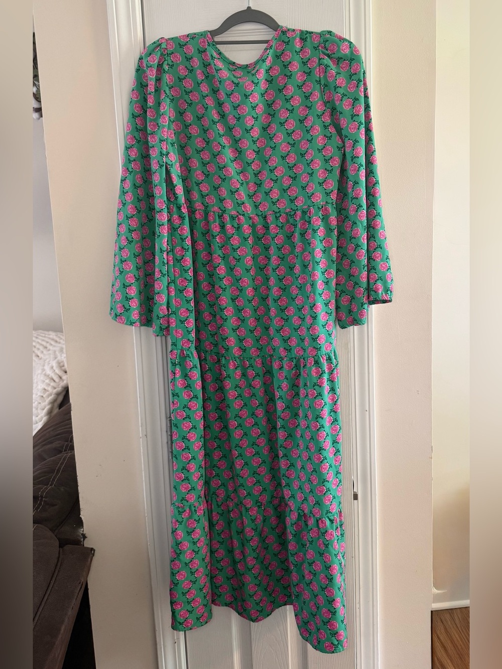 Boutique Green Pink Rose Print Maxi Dress Bell Sleeve Size Small